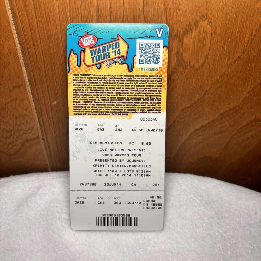 Vans Warped Tour 2014 Collectors Ticket Pop Punk Metal Metalcore Hardcore - Picture 3 of 3